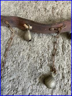 Unique Vintage Dangling Chained 15 Sleigh Bells On Leather Strap 37