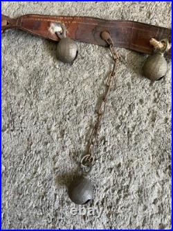 Unique Vintage Dangling Chained 15 Sleigh Bells On Leather Strap 37
