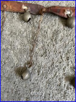 Unique Vintage Dangling Chained 15 Sleigh Bells On Leather Strap 37