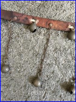Unique Vintage Dangling Chained 15 Sleigh Bells On Leather Strap 37