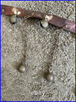 Unique Vintage Dangling Chained 15 Sleigh Bells On Leather Strap 37