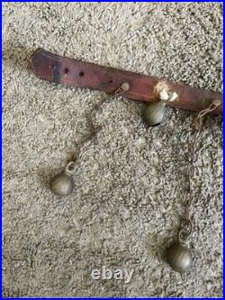 Unique Vintage Dangling Chained 15 Sleigh Bells On Leather Strap 37