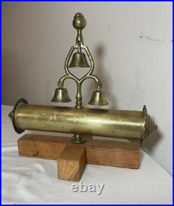 Unique vintage polished brass sleigh mount 3 bells tower wood stand