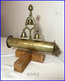 Unique vintage polished brass sleigh mount 3 bells tower wood stand