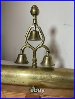 Unique vintage polished brass sleigh mount 3 bells tower wood stand