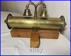 Unique vintage polished brass sleigh mount 3 bells tower wood stand