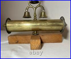 Unique vintage polished brass sleigh mount 3 bells tower wood stand