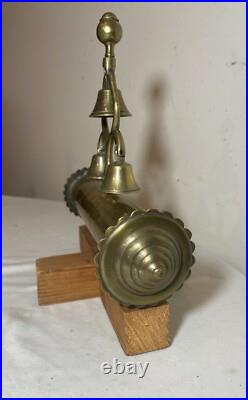 Unique vintage polished brass sleigh mount 3 bells tower wood stand