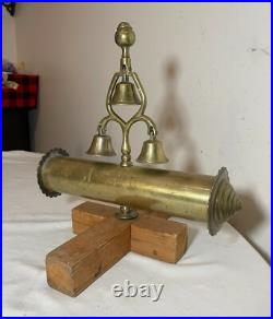 Unique vintage polished brass sleigh mount 3 bells tower wood stand