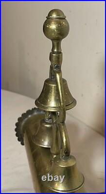 Unique vintage polished brass sleigh mount 3 bells tower wood stand