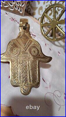 Unlaquered brass vintage Moroccan Khamsa hand door knockers Fatima Khmisa Bells