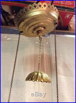VINTAGE ANTIQUE BRASS HANGING OIL LAMP With GLASS SHADE FONT MOTOR SMOKE BELL
