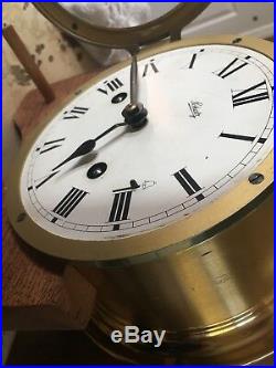 VINTAGE NAUTICAL LARGE SCHATZ BRASS SHIP'S BELL MARINE DECK CLOCK With HINGED LID