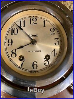 VINTAGE SETH THOMAS NICKEL PLATED SHIPS BELL 4-CLOCK E886-00, Ca 1935-1949, WORKS