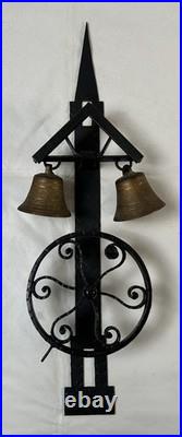 VTG 20th Century Wrought Iron Two Brass Bells Garden Gate Crank Bell / Doorbell