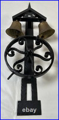 VTG 20th Century Wrought Iron Two Brass Bells Garden Gate Crank Bell / Doorbell