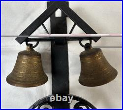 VTG 20th Century Wrought Iron Two Brass Bells Garden Gate Crank Bell / Doorbell