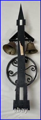 VTG 20th Century Wrought Iron Two Brass Bells Garden Gate Crank Bell / Doorbell