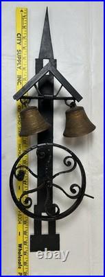 VTG 20th Century Wrought Iron Two Brass Bells Garden Gate Crank Bell / Doorbell