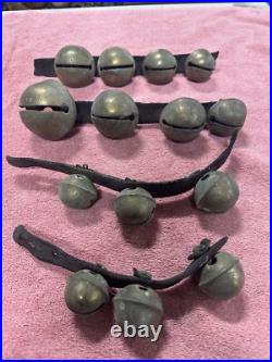 VTG Antique Brass Horse Jingle Sleigh Bells, Primitive Leather Strap, Christmas