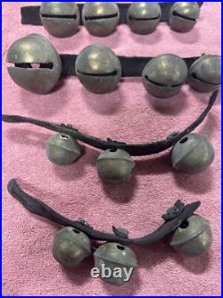 VTG Antique Brass Horse Jingle Sleigh Bells, Primitive Leather Strap, Christmas