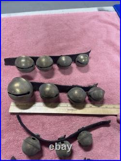 VTG Antique Brass Horse Jingle Sleigh Bells, Primitive Leather Strap, Christmas