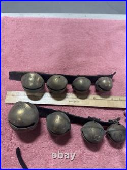 VTG Antique Brass Horse Jingle Sleigh Bells, Primitive Leather Strap, Christmas