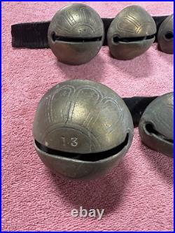 VTG Antique Brass Horse Jingle Sleigh Bells, Primitive Leather Strap, Christmas