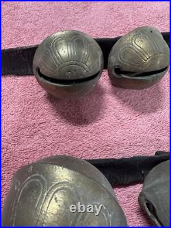 VTG Antique Brass Horse Jingle Sleigh Bells, Primitive Leather Strap, Christmas