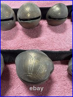 VTG Antique Brass Horse Jingle Sleigh Bells, Primitive Leather Strap, Christmas
