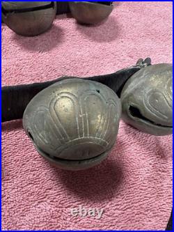 VTG Antique Brass Horse Jingle Sleigh Bells, Primitive Leather Strap, Christmas