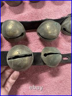 VTG Antique Brass Horse Jingle Sleigh Bells, Primitive Leather Strap, Christmas