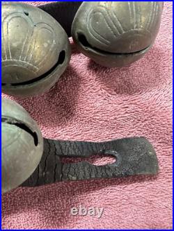 VTG Antique Brass Horse Jingle Sleigh Bells, Primitive Leather Strap, Christmas