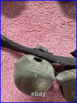 VTG Antique Brass Horse Jingle Sleigh Bells, Primitive Leather Strap, Christmas