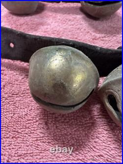 VTG Antique Brass Horse Jingle Sleigh Bells, Primitive Leather Strap, Christmas