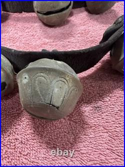 VTG Antique Brass Horse Jingle Sleigh Bells, Primitive Leather Strap, Christmas