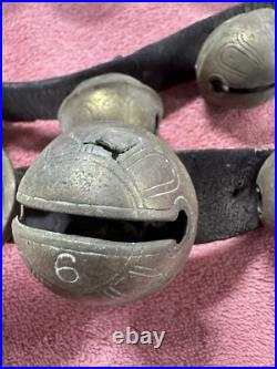 VTG Antique Brass Horse Jingle Sleigh Bells, Primitive Leather Strap, Christmas