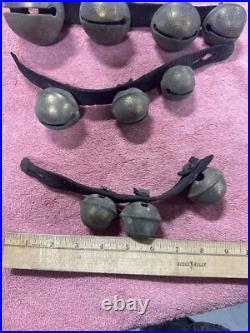 VTG Antique Brass Horse Jingle Sleigh Bells, Primitive Leather Strap, Christmas