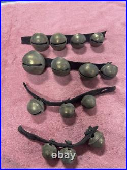 VTG Antique Brass Horse Jingle Sleigh Bells, Primitive Leather Strap, Christmas