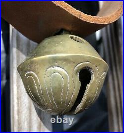 VTG Brass Sleigh Bell Original Leather Strap Horse Carriage Santa Numbered Amish