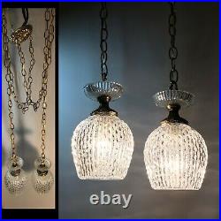 VTG MCM Double Swag Hanging Ceiling Light Lamp textured globe cast canopy LOOK