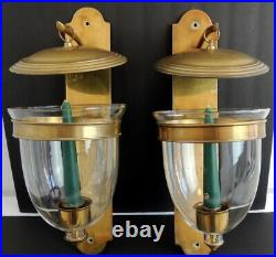 VTG Pair Brass Wall Candle Sconces Glass Hurricane Solid Brass Smoke Bell Lid