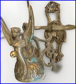 VTG Solid Brass Wall Door Bell with 3D Figural Angel Bird Gothic Farmhouse