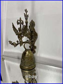 VTG. Victorian Ornate Bronze Brass Bell w Original Hanger Wall Mount Pull Chain