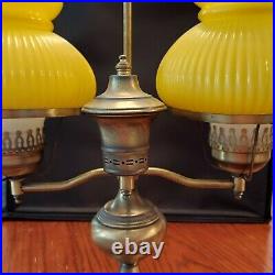 VTG Yellow Ribbed Glass Brass Double Student Desk Table Lamp Hurricane Style