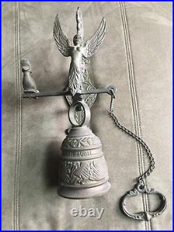 Victorian Ornate Brass Bell w Original Hanger Wall Mount Pull Chain