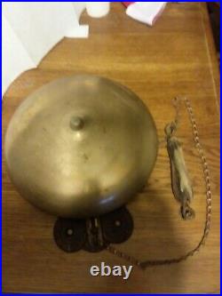 Vintage 11 1/2 BRASS boxing SIGNAL Gong Antique COPPER CHAIN WOOD HAN TRIP BELL
