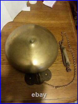 Vintage 11 1/2 BRASS boxing SIGNAL Gong Antique COPPER CHAIN WOOD HAN TRIP BELL