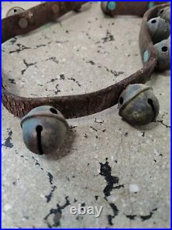 Vintage 13 Brass Jingle Sleigh Bells on a Torn Leather Strap