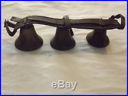 Vintage 1800s Primitive 3 Brass Horse Carriage Buggy Bells On Leather